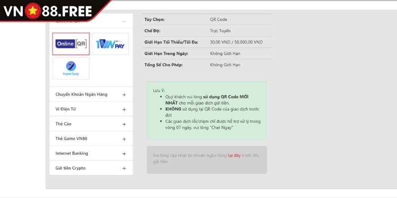 Chọn phương thức nạp tiền VN88